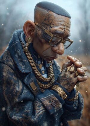 Gold Chain Man: Urban Street Style Photography - Premium Wooden Framed Poster. Ready to Hang.