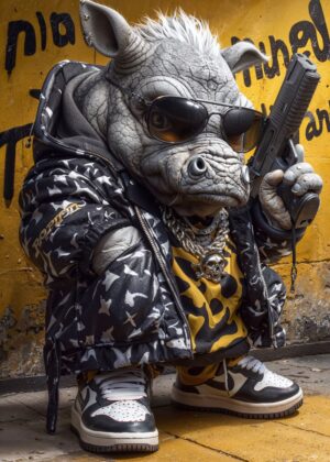 Rhino Gangster: Urban Streetwear Art - Premium Wooden Framed Poster. Ready to Hang.