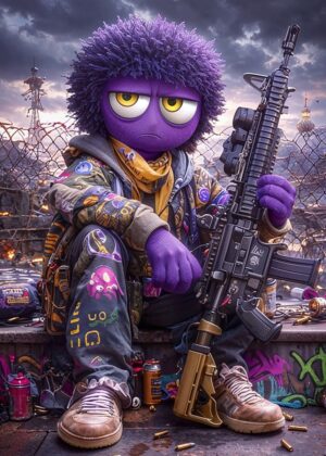Purple Urban Warrior: Digital Art Print - Premium Wooden Framed Poster. Ready to Hang.
