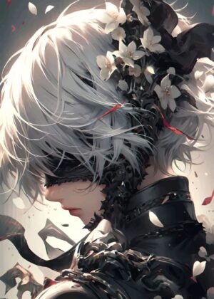 White-Haired Anime Boy with Flowers - Premium Wooden Framed Poster. Ready to Hang.