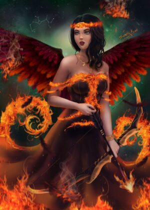 Fiery Sagittarius Angel: Celestial Artwork Print - Premium Wooden Framed Poster. Ready to Hang.