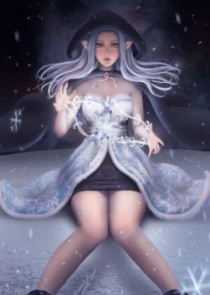 Ice Elementalia in the Snow: Digital Fantasy Art Print - Premium Wooden Framed Poster. Ready to Hang.
