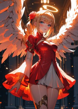 Celestial Beauty: Angel in Red - Premium Wooden Framed Poster. Ready to Hang.