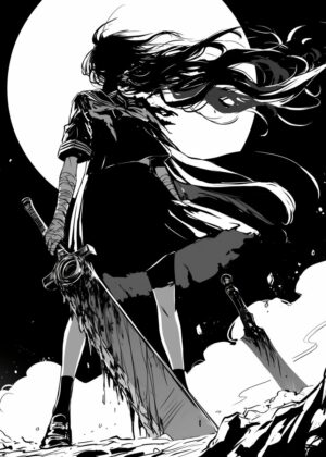 Dark Anime Girl with Sword: A Monochrome Masterpiece - Premium Wooden Framed Poster. Ready to Hang.