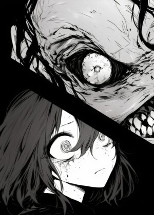 Horrific Gaze: A Chilling Anime Illustration - Premium Wooden Framed Poster. Ready to Hang.