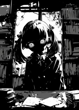 Creepy Anime Girl: Dark Art Print - Premium Wooden Framed Poster. Ready to Hang.