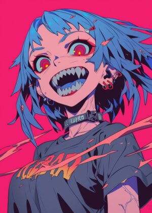 Anime Girl with Sharp Teeth: Vibrant Digital Art Print - Premium Wooden Framed Poster. Ready to Hang.