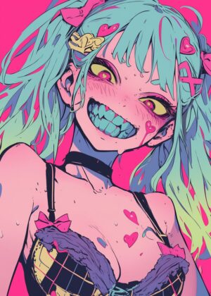 Sharp Teeth Anime Girl Art Print - Premium Wooden Framed Poster. Ready to Hang.