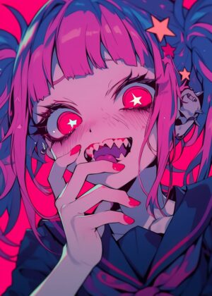 Anime Girl with Sharp Teeth: Vibrant Pink and Purple Artwork - Premium Wooden Framed Poster. Ready to Hang.