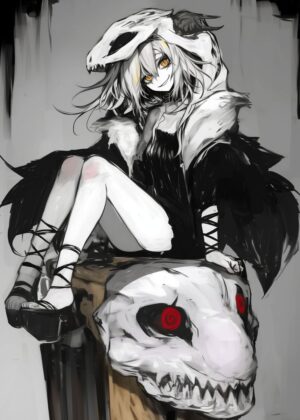 Anime Girl with Skull Hood: Dark Fantasy Art Print - Premium Wooden Framed Poster. Ready to Hang.