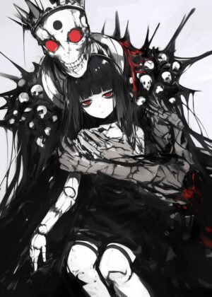 Dark Anime Girl and Skeleton King Embrace - Premium Wooden Framed Poster. Ready to Hang.