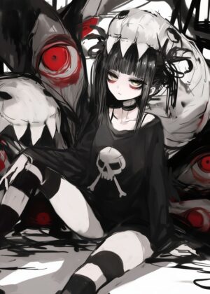 Anime Girl with Skull Shirt: Dark Fantasy Artwork - Premium Wooden Framed Poster. Ready to Hang.