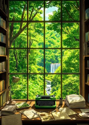 Writer's Retreat: A Serene Escape in Nature's Embrace - Premium Wooden Framed Poster. Ready to Hang.
