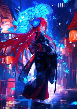 Anime Girl in Kimono: Neon Nights in Japan - Premium Wooden Framed Poster. Ready to Hang.