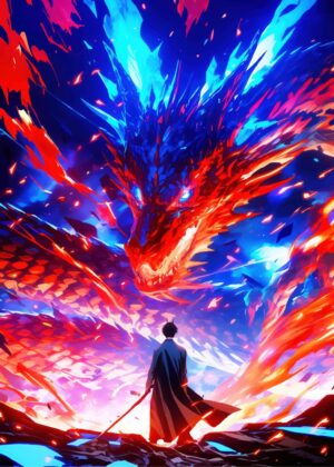 Dragon and Swordsman: A Fiery Confrontation - Premium Wooden Framed Poster. Ready to Hang.