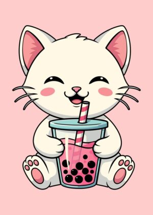 Adorable Kitten Enjoying Boba Tea - Premium Wooden Framed Poster. Ready to Hang.