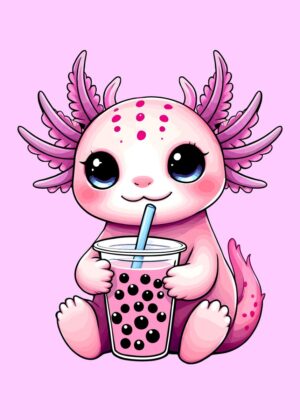 Adorable Axolotl Enjoying Boba Tea - Kawaii Art Print - Premium Wooden Framed Poster. Ready to Hang.