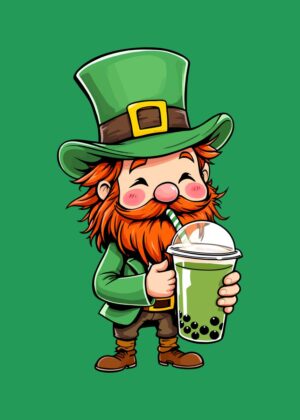 Charming Leprechaun Enjoying a Refreshing Drink - Premium Wooden Framed Poster. Ready to Hang.