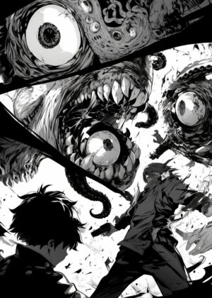 Manga Action Scene: Epic Showdown - Premium Wooden Framed Poster. Ready to Hang.