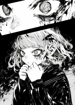 Anime Girl with Bloodstains: A Monochrome Masterpiece - Premium Wooden Framed Poster. Ready to Hang.