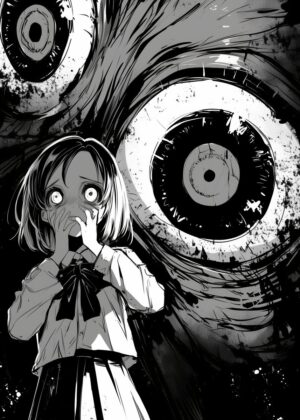 Anime Girl Facing Fear: Monochrome Horror Illustration - Premium Wooden Framed Poster. Ready to Hang.