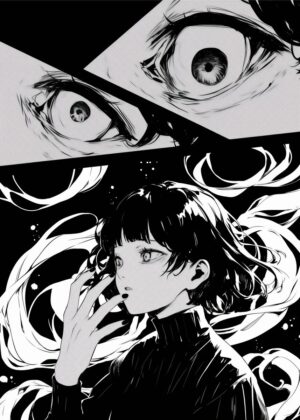 Anime Girl with Intense Eyes: Monochrome Art Print - Premium Wooden Framed Poster. Ready to Hang.