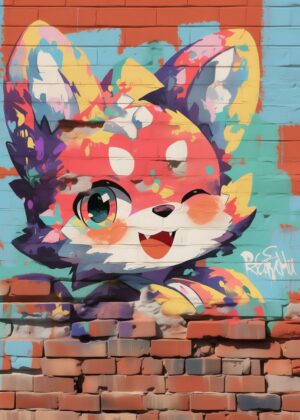 Vibrant Graffiti Fox Art Print - Premium Wooden Framed Poster. Ready to Hang.