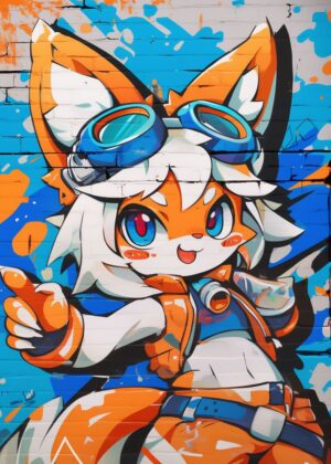 Vibrant Fox Girl Graffiti Art Print - Premium Wooden Framed Poster. Ready to Hang.