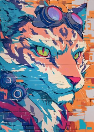 Cyberpunk Cat Graffiti Art Print - Premium Wooden Framed Poster. Ready to Hang.