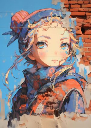 Anime Girl Mural: Vibrant Street Art - Premium Wooden Framed Poster. Ready to Hang.