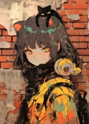 Anime Girl with Black Cat - Premium Wooden Framed Poster. Ready to Hang.