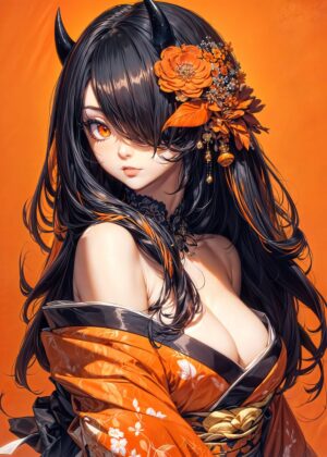 Orange Floral Anime Girl Art Print - Premium Wooden Framed Poster. Ready to Hang.