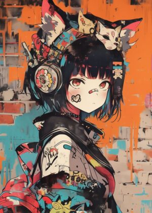 Vibrant Anime Girl with Headphones: Street Style Art - Premium Wooden Framed Poster. Ready to Hang.
