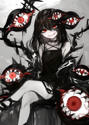 Dark Anime Girl with Eyes: Gothic Art Print - Premium Wooden Framed Poster. Ready to Hang.