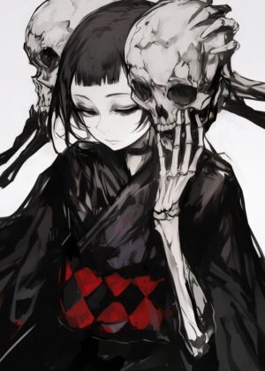Anime Girl and Skulls: A Dark and Mysterious Artwork - Premium Wooden Framed Poster. Ready to Hang.