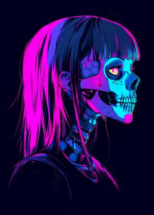 Neon Cyberpunk Skull Girl Art Print - Premium Wooden Framed Poster. Ready to Hang.