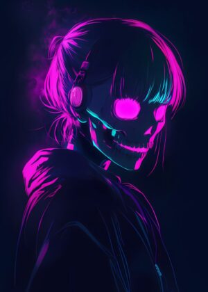 Neon Skull Girl: Cyberpunk Anime Art Print - Premium Wooden Framed Poster. Ready to Hang.