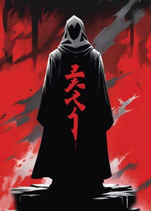 Mysterious Figure in Red and Black: A Digital Painting - Premium Wooden Framed Poster. Ready to Hang.