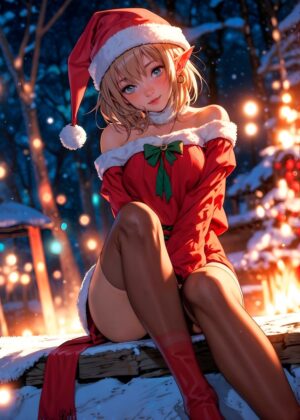 Sweet Christmas Elf Girl: Festive Anime Art Print - Premium Wooden Framed Poster. Ready to Hang.