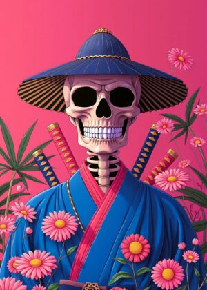 Samurai Skeleton: A Digital Art Print - Premium Wooden Framed Poster. Ready to Hang.