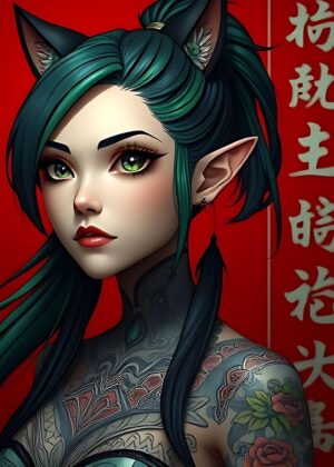 Anime Girl with Cat Ears: Mystical Beauty - Premium Wooden Framed Poster. Ready to Hang.