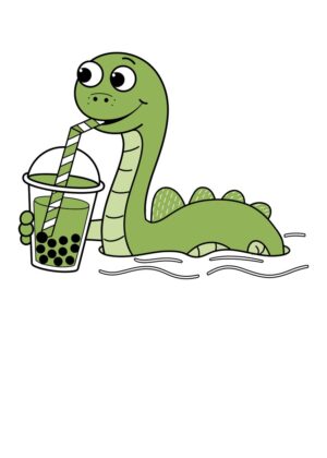 Adorable Nessie Enjoying Boba Tea - Premium Wooden Framed Poster. Ready to Hang.