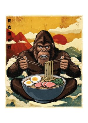 Gorilla Ramen: Vintage Japanese Art Print - Premium Wooden Framed Poster. Ready to Hang.