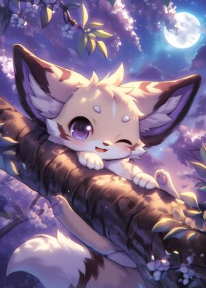 Adorable Fox Cub in a Blossoming Tree - Premium Wooden Framed Poster. Ready to Hang.