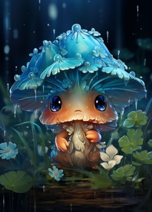 Adorable Fantasy Mushroom Creature Art Print - Premium Wooden Framed Poster. Ready to Hang.