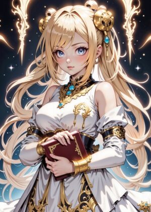 Elegant Anime Girl with Book: Celestial Art Print - Premium Wooden Framed Poster. Ready to Hang.