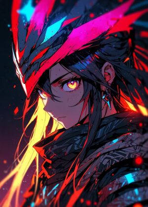 Fiery Anime Girl with Striking Red Headpiece - Premium Wooden Framed Poster. Ready to Hang.