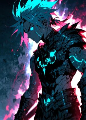 Anime Warrior with Electric Blue Hair - Premium Wooden Framed Poster. Ready to Hang.