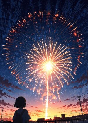 Anime Fireworks Night: A Serene Summer Evening - Premium Wooden Framed Poster. Ready to Hang.