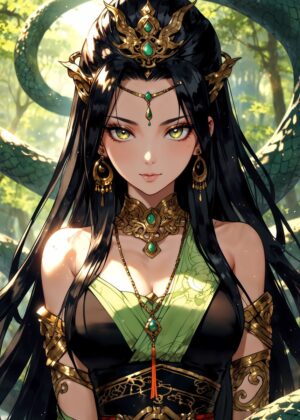 Anime Snake Queen: Mystical Fantasy Art Print - Premium Wooden Framed Poster. Ready to Hang.